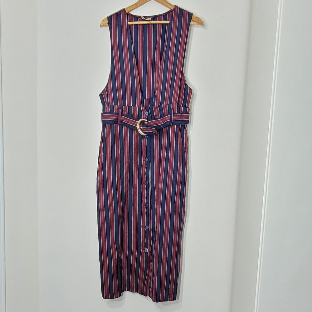 Chablis Women's Navy Blue & Red Striped Sleeveless V-Neck Belted Dress Size 15